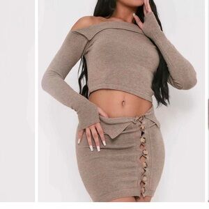 Off-Shoulder Taupe Knit Crop Top & Skirt Set